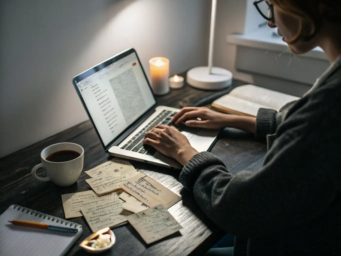 A focused image of a person typing on a laptop, with a cup of coffee and a notebook nearby, symbolizing the creation of engaging blog content.